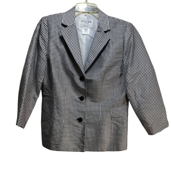 Oscar De La Renta Silk Blazer Women 12P Buffalo Plaid Black Old Money 3/4 Sleeve - Picture 1 of 8